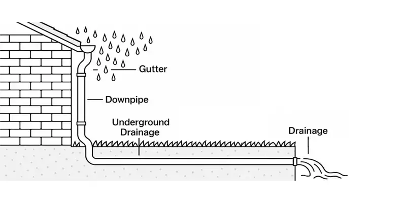 Underground drainage system diagram - Need: 800x400px technical diagram showing complete drainage system flow